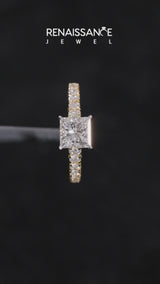 Yellow gold Emerald Cut Diamond Cathedral Solitaire Ring with Round  Pavé Band