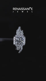 Platinum Marquise Cut Diamond Halo Ring with Milgrain Pavé Band and Four-Prong Setting