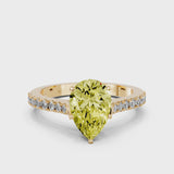 Yellow gold Fancy Yellow Pear  Cut Solitaire Diamond Engagement Ring with Pave Band and Four-Prong Setting