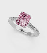 Platinum Fancy Pink Radiant  Cut Solitaire Diamond Engagement Ring with Pave Band and Four-Prong Setting