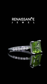 Silver Princess Cut Peridot Solitaire Ring with Round  Pavé Band and Prong Setting