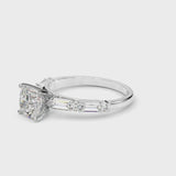 White gold Cushion Cut Diamond Solitaire with Side Baguettes and Channel Set Band