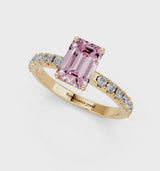 Yellow gold Fancy Pink Emerald Cut Diamond Solitaire Pavé Band with Four-Prong Setting