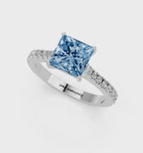 Silver Fancy Blue Princess  Cut Solitaire Diamond Engagement Ring with Pave Band and Four-Prong Setting