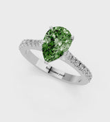 Platinum Fancy Green Pear  Cut Solitaire Diamond Engagement Ring with Pave Band and Four-Prong Setting