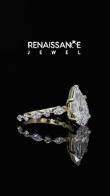 Yellow gold Pear Cut Diamond Ring with Marquise and Round  Side Stones and Four-Prong Setting