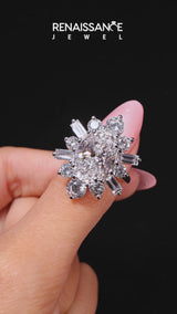 White gold Oval Diamond Cluster Ring with Round and Baguette Stones, Split Shank Band, Prong Setting