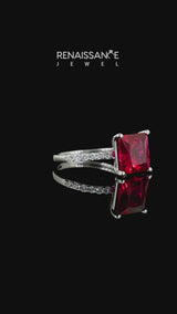 Silver Princess Cut Garnet Solitaire Ring with Round  Pavé Band and Prong Setting