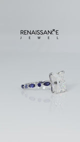 Platinum Radiant Cut Diamond Ring with Marquise and Round with Tanzanite side stone Side Stones and Four-Prong Setting