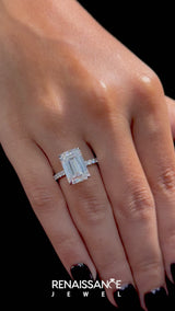 Silver Emerald Cut Diamond Pavé Engagement Ring with Round  Accents and Prong Setting