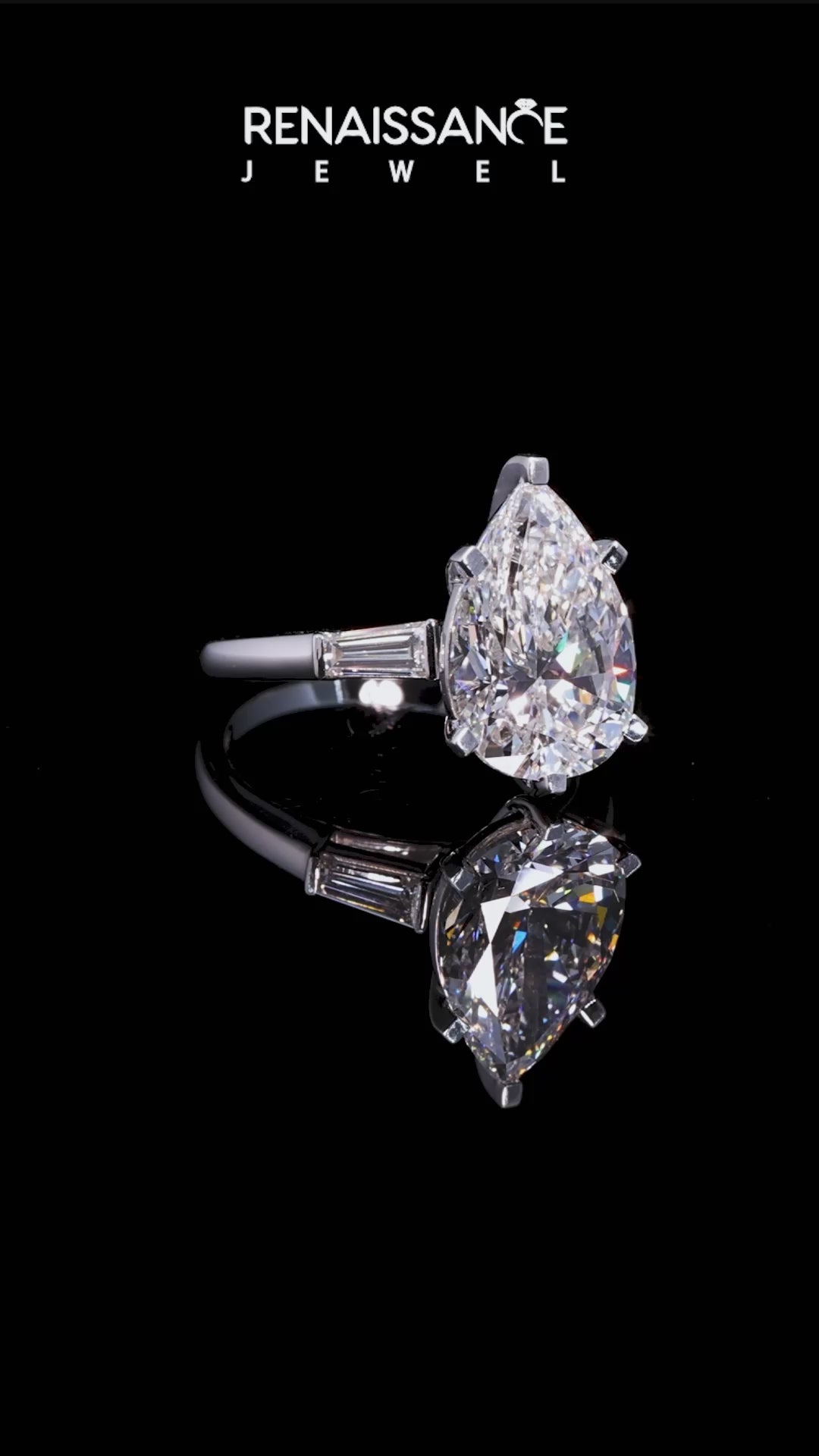 White gold Pear Solitaire with Tapered Baguette Side Stones on a Classic Band with Six-Prong Setting_22