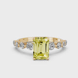 Yellow gold Fancy Yellow Emerald Cut Solitaire Diamond Ring with Pave Band and Four-Prong Setting