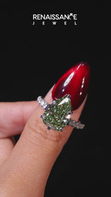 Silver Fancy Green Pear Cut Diamond Cathedral Solitaire Ring with Round  Pavé Band