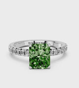 White gold Fancy Green Radiant  Solitaire Pave Diamond Engagement Ring with Four-Prong Setting
