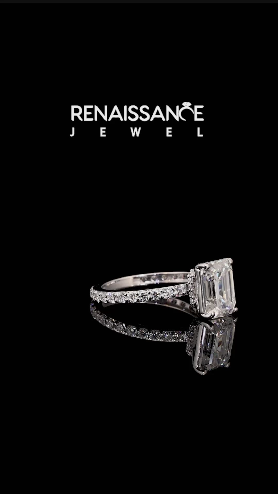 Silver Emerald Cut Moissanite Pavé Engagement Ring with Round  Accents and Prong Setting_12