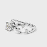 Platinum Round Cut Solitaire Diamond with Side Stones on Criss-Cross Band and Four-Prong Setting