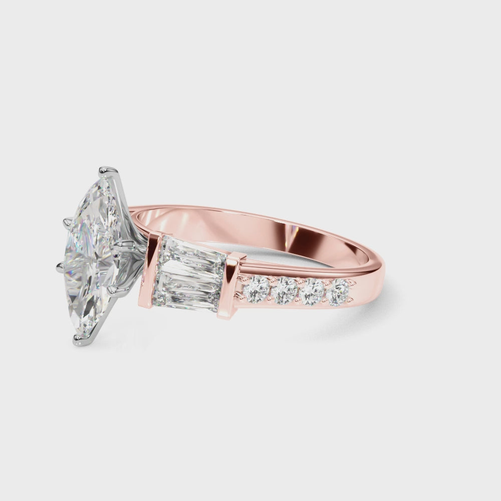 Rose gold Marquise Solitaire Baguette Side Stone Channel Set Engagement Ring 3