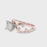 Rose gold Princess Cut Solitaire Diamond with Side Stones on Criss-Cross Band and Four-Prong Setting