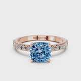 Rose gold Fancy Blue Cushion Cut Diamond Solitaire Pavé Band with Four-Prong Setting