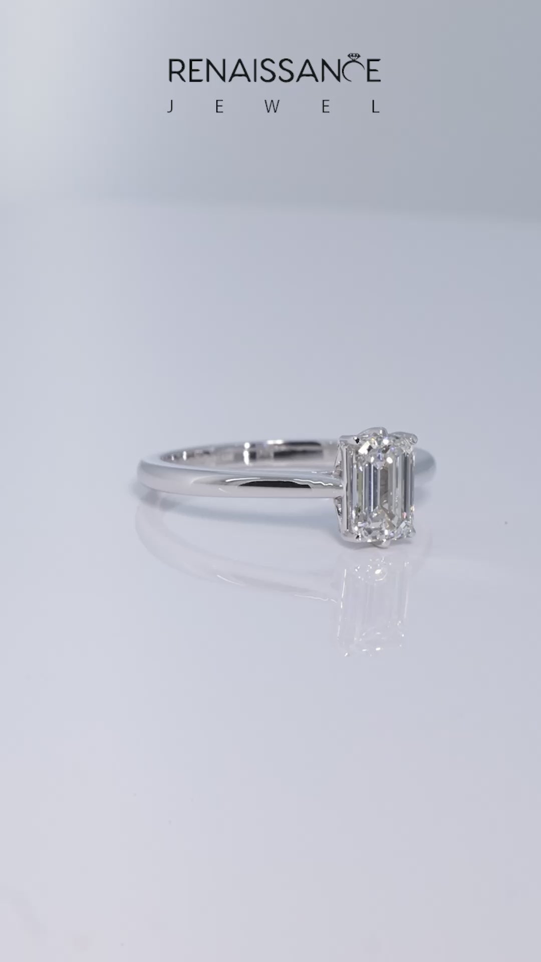 White gold Emerald Cut Solitaire Diamond Ring with Flower-Prong Setting and Classic Band_206