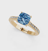 Yellow gold Fancy Blue Cushion  Cut Solitaire Diamond Engagement Ring with Pave Band and Four-Prong Setting