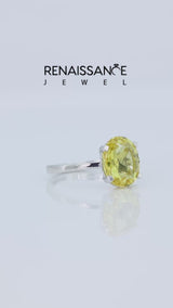 Silver Oval Cut Yellow Sapphire Solitaire Engagement Ring with Classic Band and Four-Prong Setting