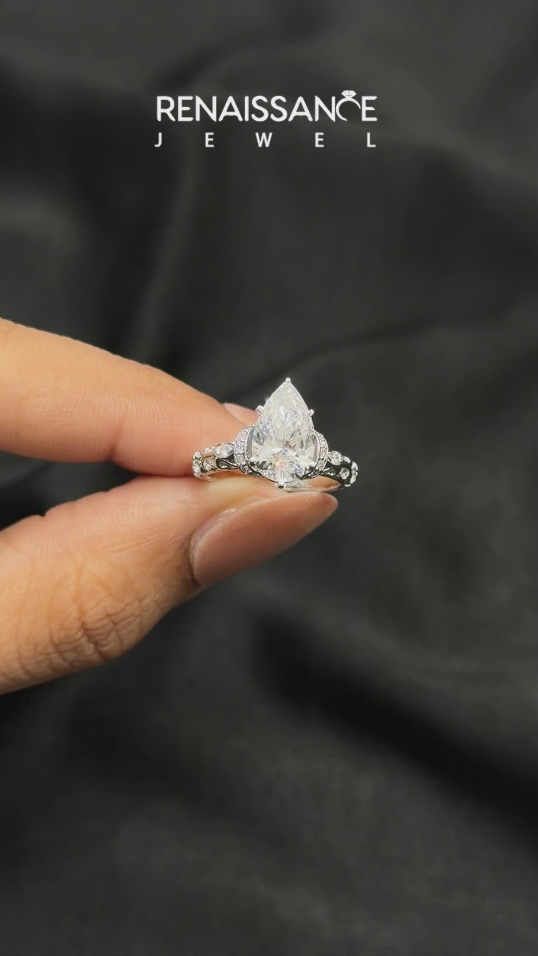 White gold Pear Solitaire Diamond Ring with Filigree Band and Four-Prong Setting_23