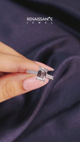 Silver Emerald Solitaire Pavé Diamond Milgrain Engagement Ring with Four-Prong Setting