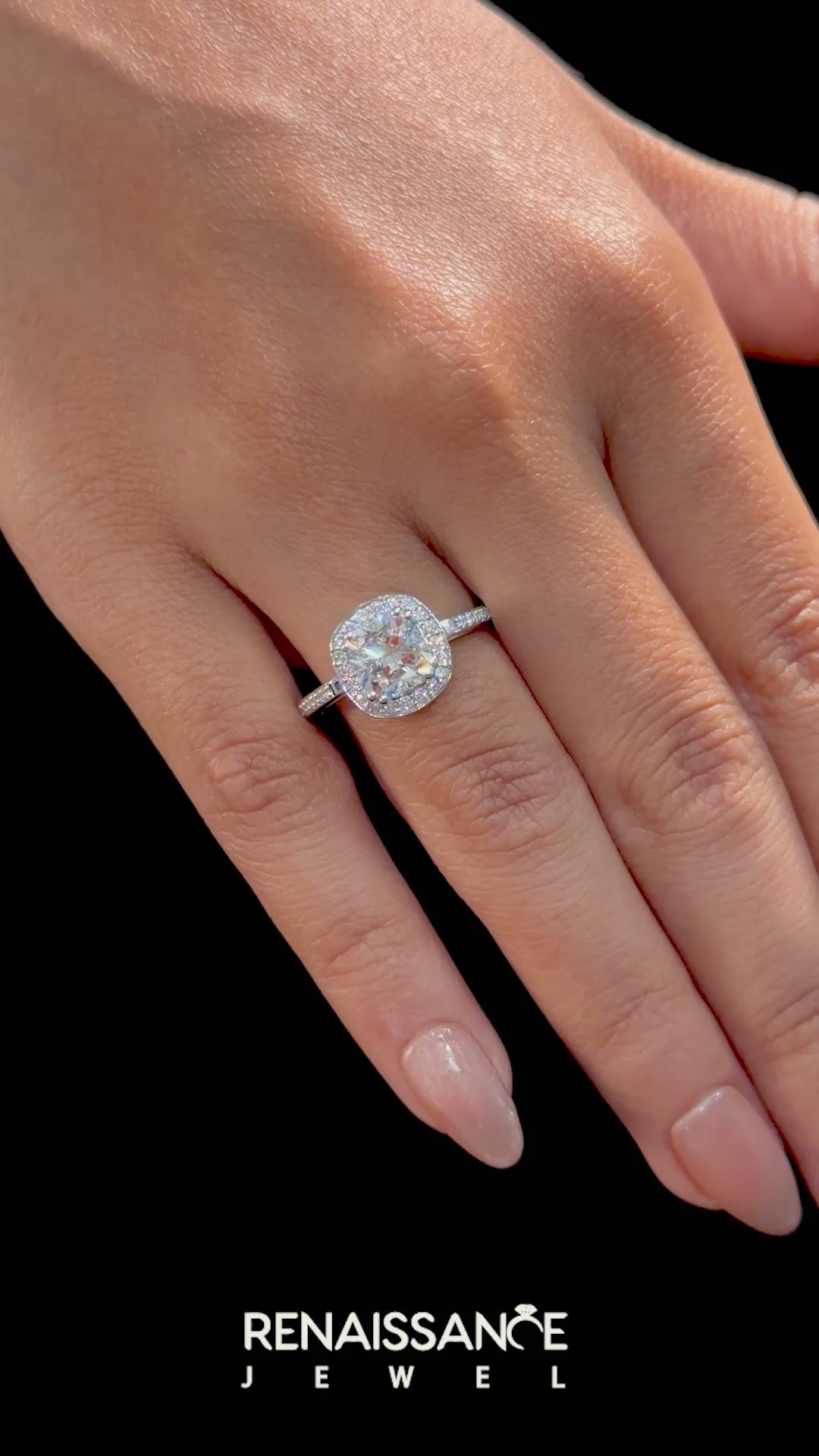 Silver Cushion Halo Diamond Ring with Split Shank and Four-Prong Setting_28