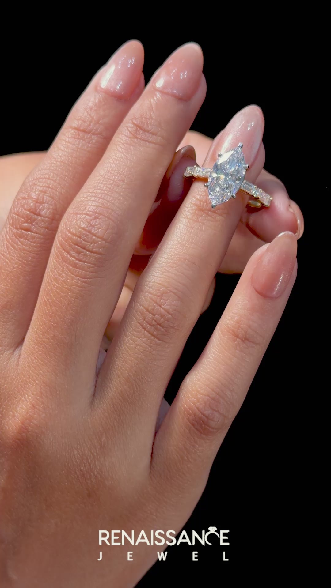 Yellow gold Marquise Solitaire with Side Baguettes and Channel Set Band_11