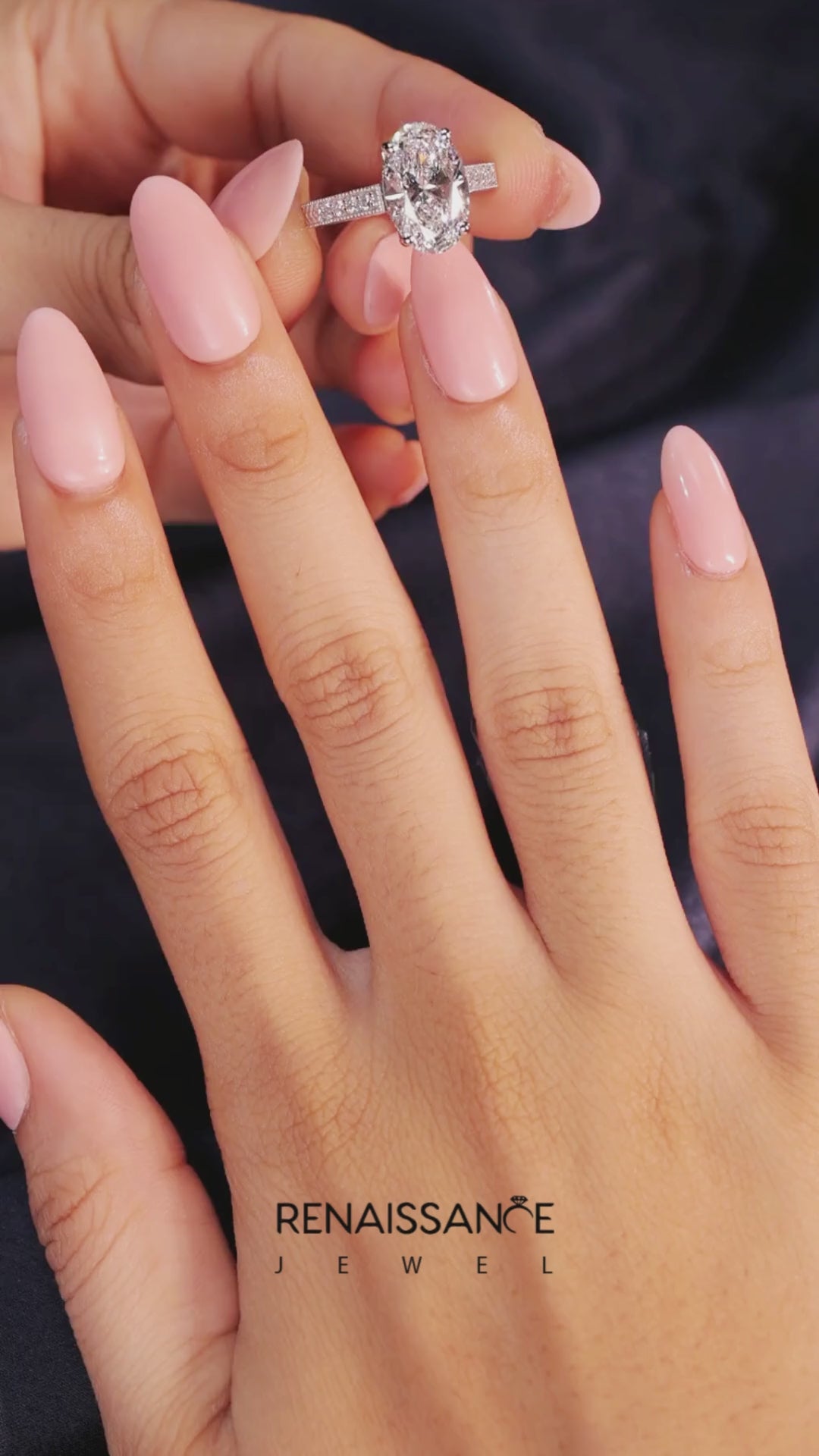 Silver Oval Cut Diamond Milgrain Pave Band Four-Prong Setting Ring 5