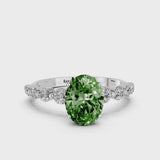 Silver Fancy Green Oval Cut Solitaire Diamond Ring with Pave Band and Four-Prong Setting