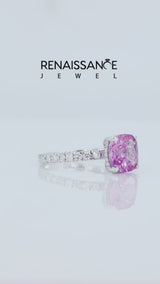 Silver Cushion Cut Pink Sapphire Pave Band Solitaire Ring with Round  and Prong Setting
