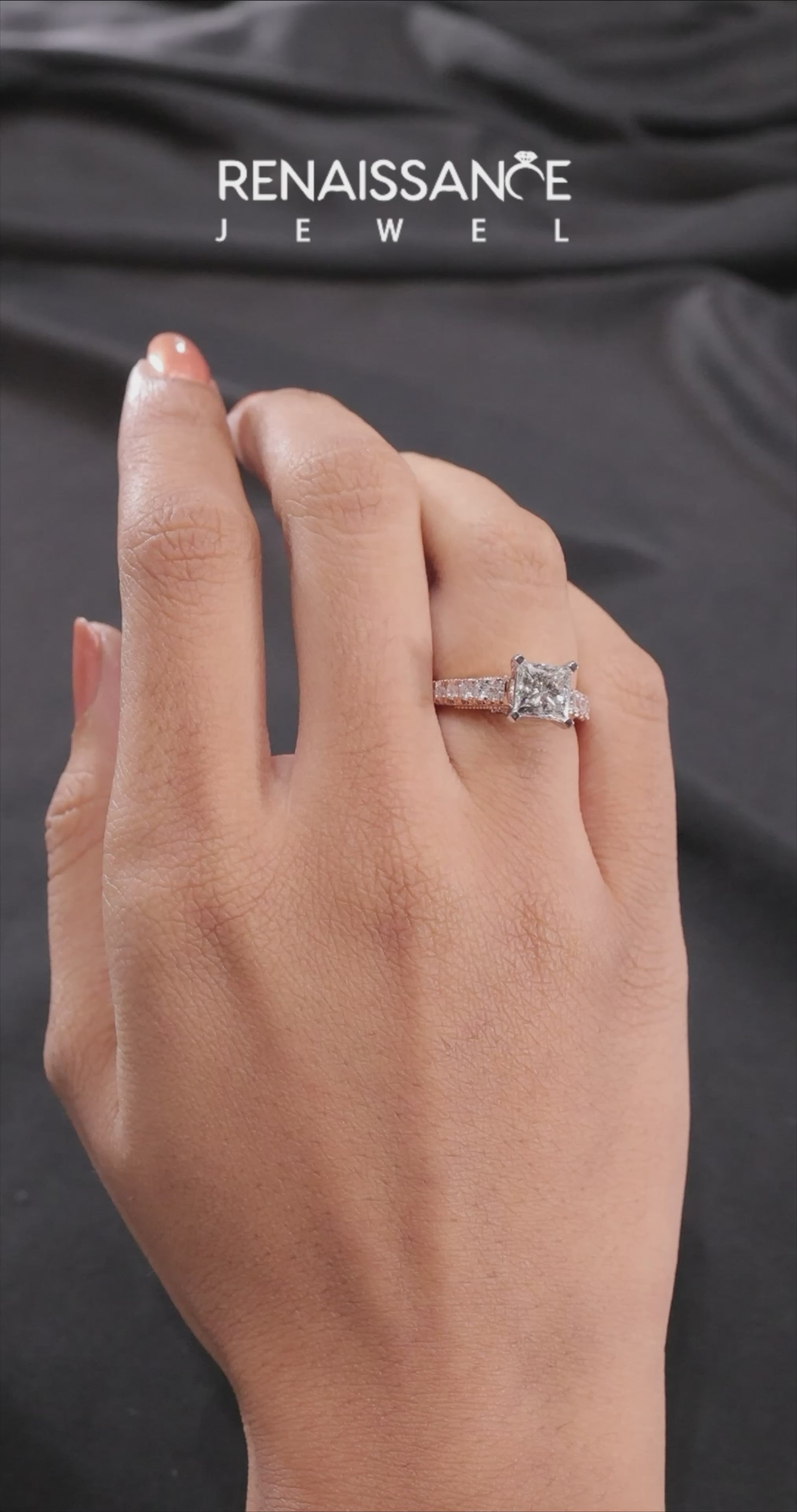 Rose gold Princess Cut Diamond Pavé Band Solitaire with Four-Prong Setting 10