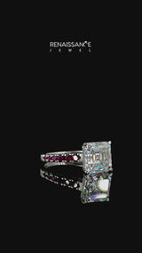 Silver Asscher Cut Diamond Cathedral Solitaire Ring with Round with Ruby side stone Pavé Band