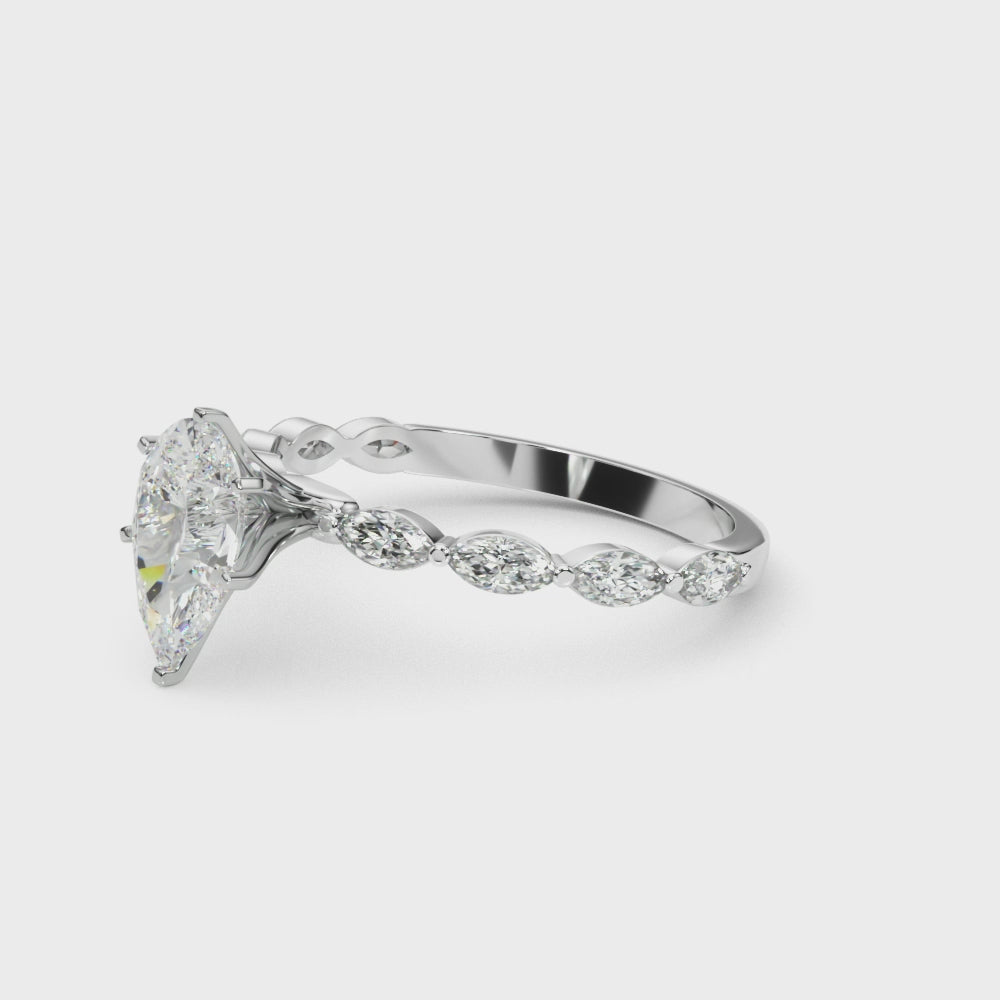Silver Pear Solitaire Marquise Side Stone Prong Setting Ring 3