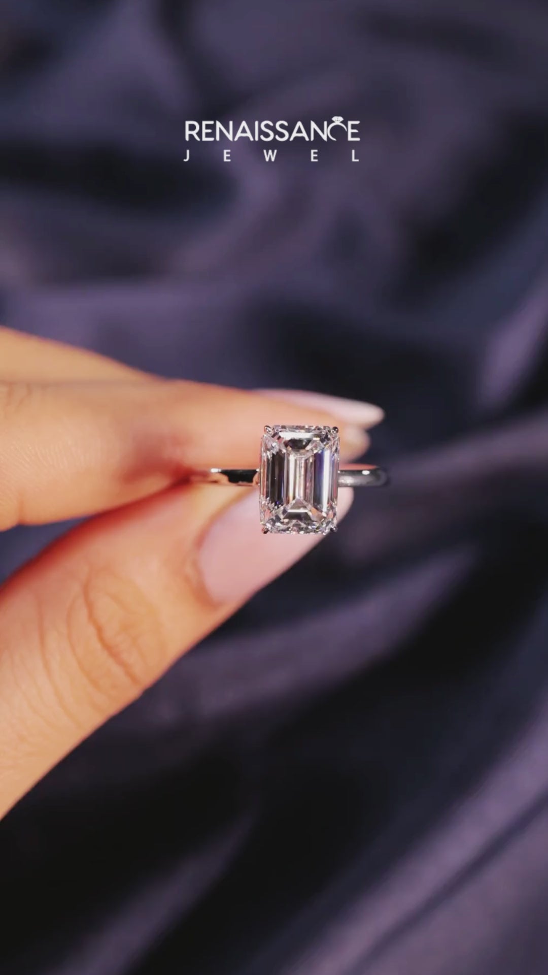 Silver Emerald Cut Solitaire Engagement Ring with Four-Prong Setting on a Classic Band 5