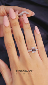 Platinum Emerald Solitaire Pavé Diamond Milgrain Engagement Ring with Four-Prong Setting