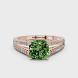 Rose gold Fancy Green Cushion Cut Diamond Solitaire Engagement Ring with Split Shank Pavé Band