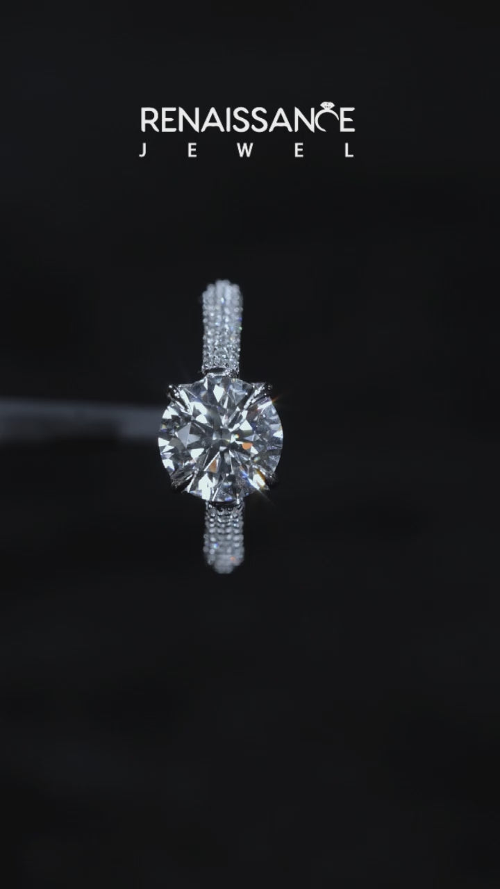 Silver Round Cut Diamond Pavé Band Solitaire Ring with Four-Prong Setting 6