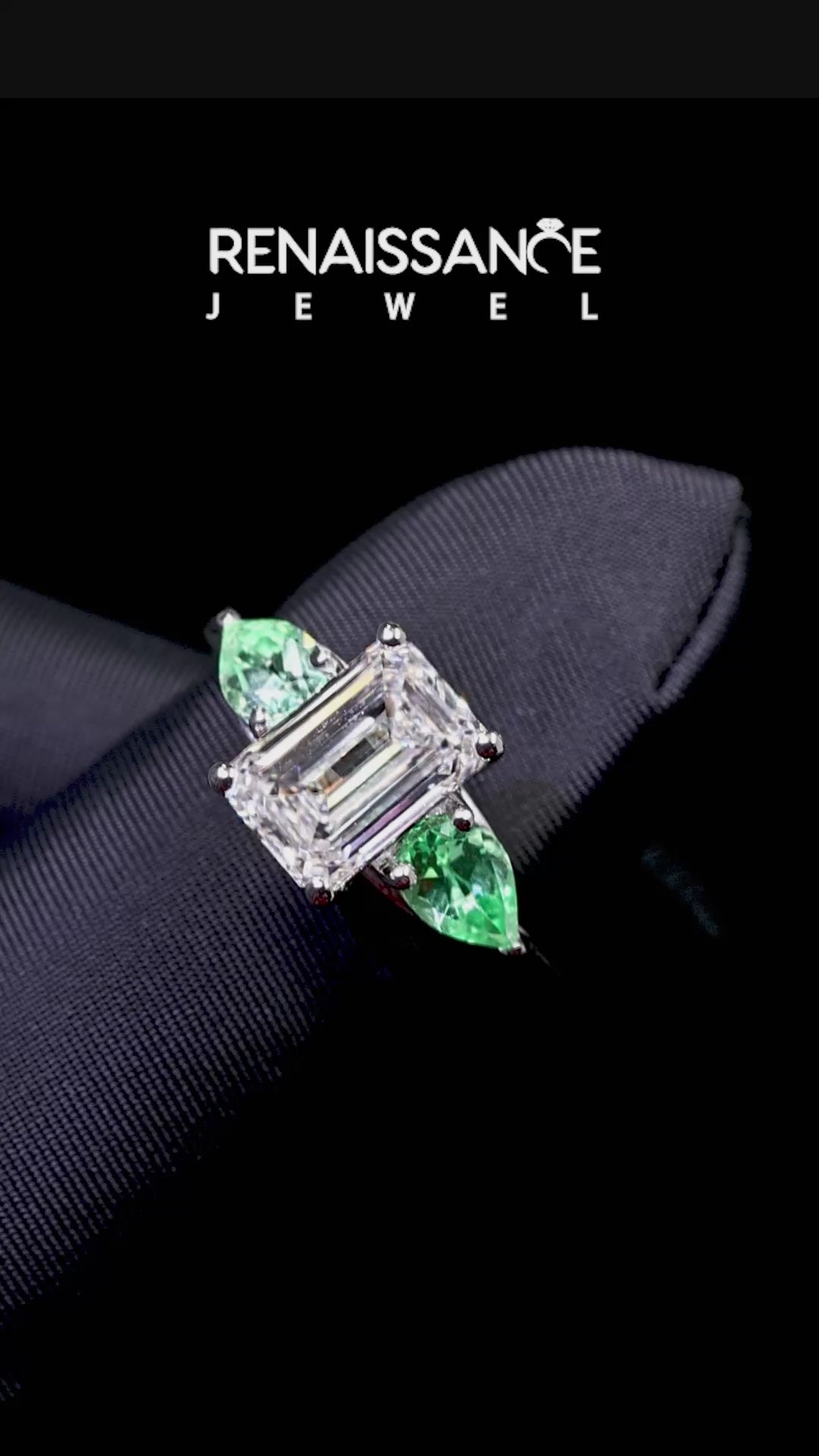 White gold Emerald Cut Diamond Three-Stone Ring with Pear with Green Sapphire side stone Side Stones and Prong Setting_12