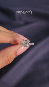 Platinum Radiant Cut Diamond Solitaire Ring with Round  Pavé Band and Four-Prong Setting