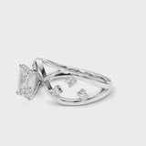 White gold Radiant Cut Solitaire Diamond with Side Stones on Criss-Cross Band and Four-Prong Setting