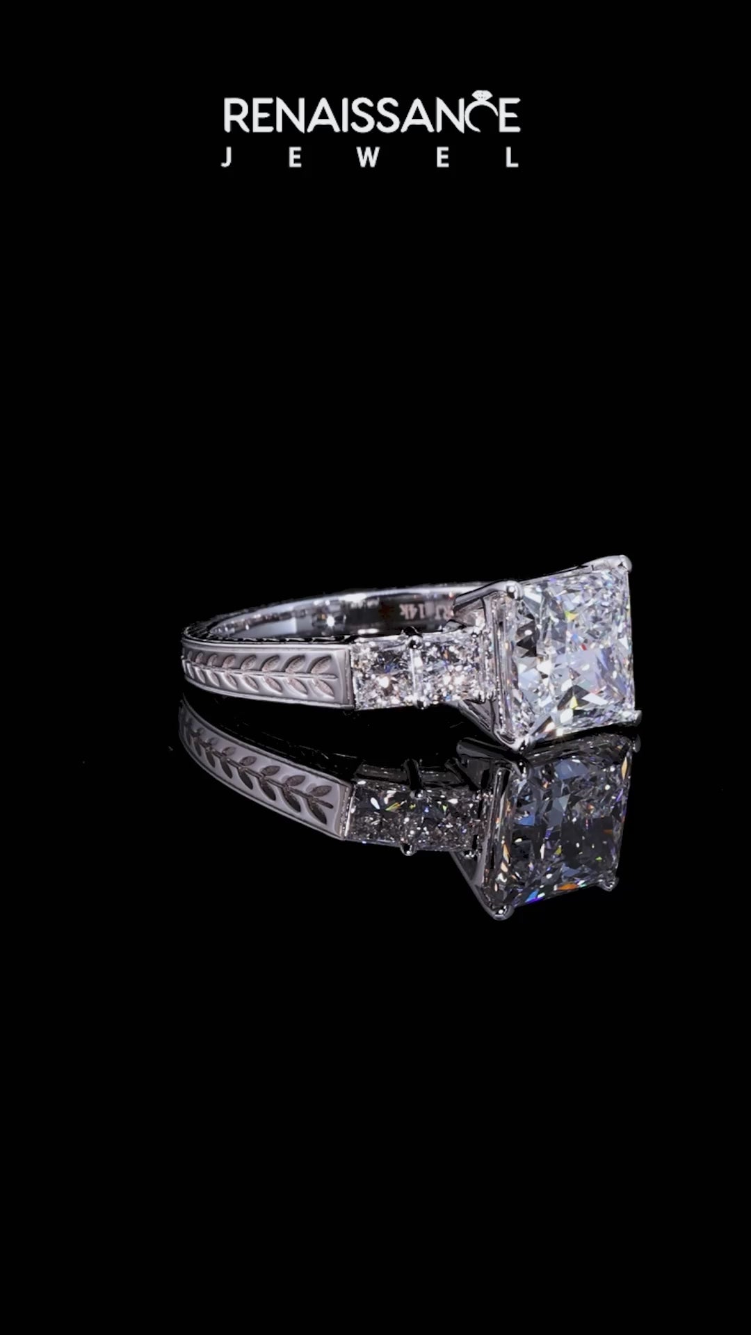 White gold Princess Solitaire Princess Side Stone Engraved Band Prong Setting Ring_52