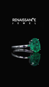 Silver Oval Cut Emerald Solitaire Engagement Ring with Classic Band and Four-Prong Setting