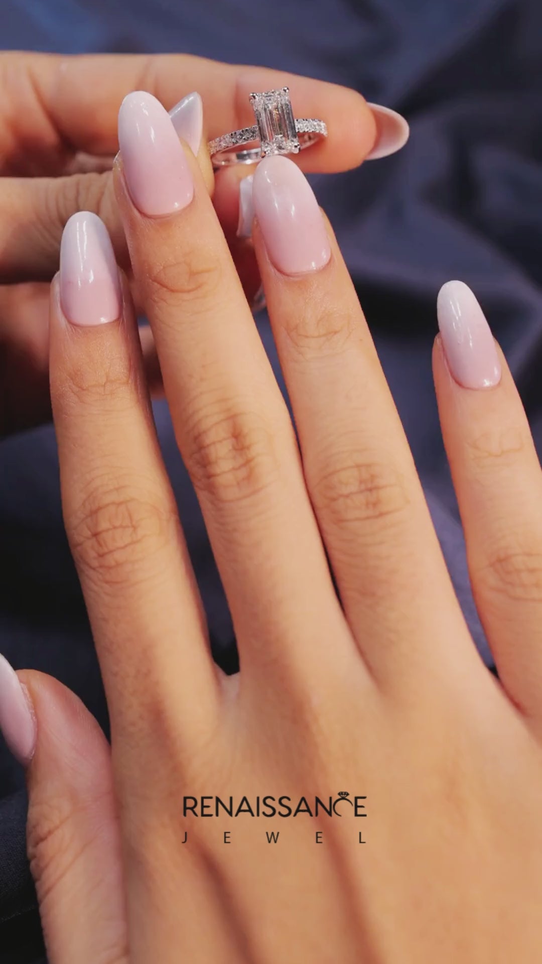 Silver Emerald Cut Diamond Pave Band Solitaire Ring with Four-Prong Setting 6