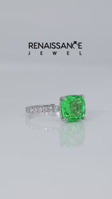 Silver Cushion Cut Green Sapphire Pave Band Solitaire Ring with Round  and Prong Setting