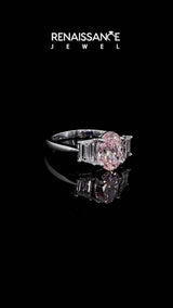 Platinum Fancy Pink Oval  Diamond Three-Stone Ring with Trapezoid Side Stones and Prong Setting