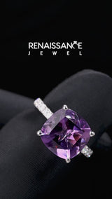 Silver Cushion Cut Amethyst Pave Band Solitaire Ring with Round  and Prong Setting
