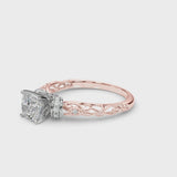 Rose gold Cushion Cut Diamond Solitaire Ring with Filigree Band and Four-Prong Setting
